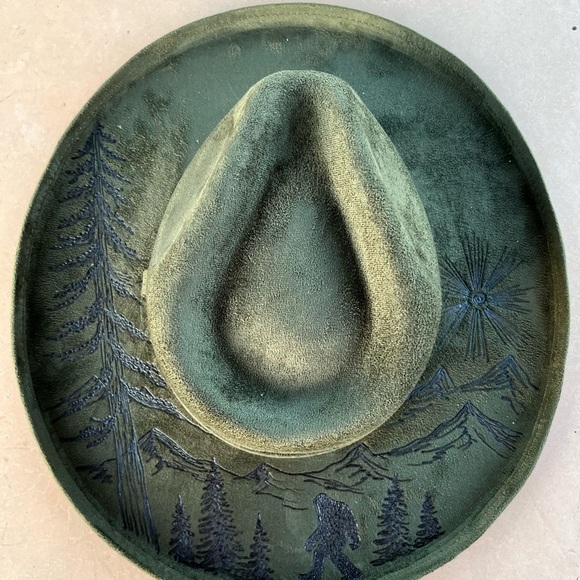 Olive green Bigfoot hand burned rancher style cowboy hat